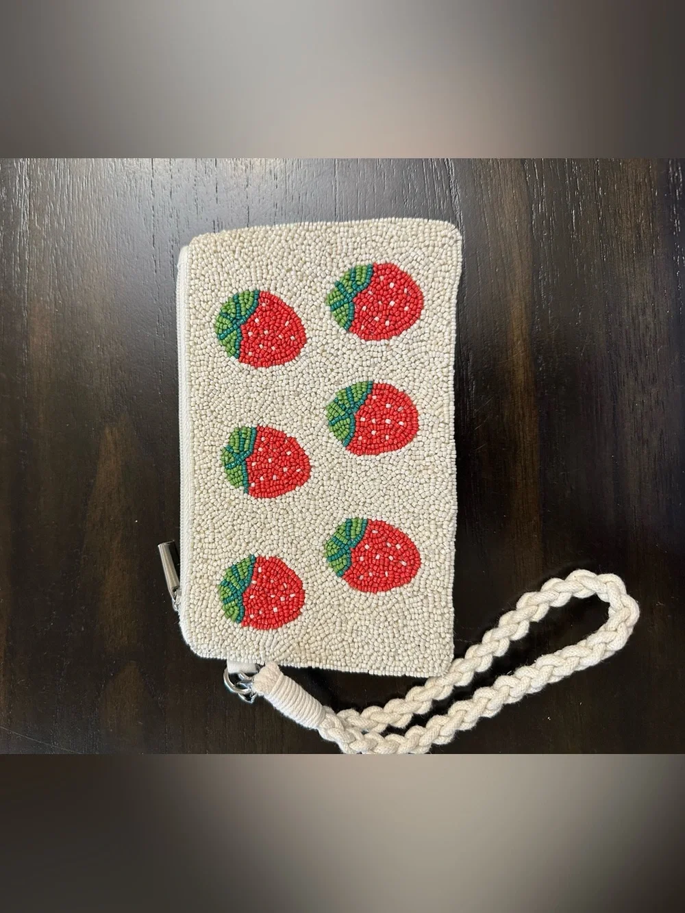 Beaded Strawberry Wristlet Wallet - Cream and Red